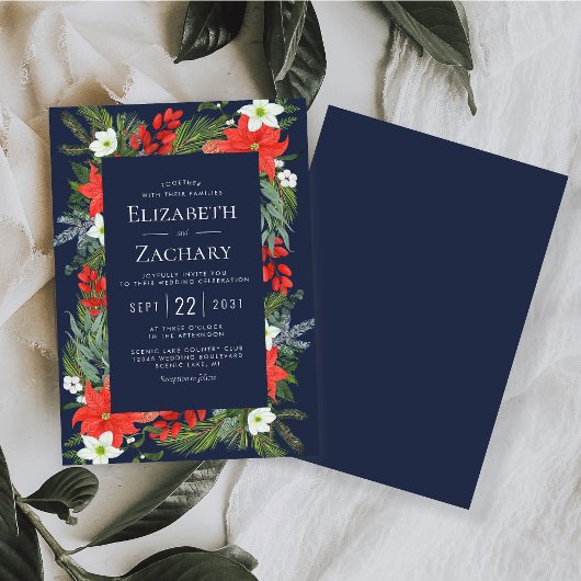 Weihnachts Botanische Navy Blauer Winter Hochzeit Einladung