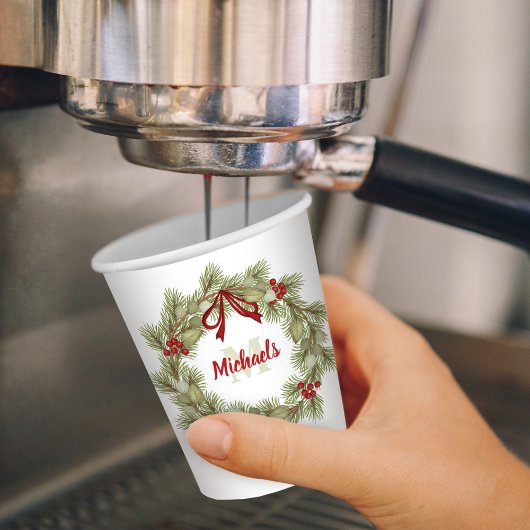 Weihnachts Botanischer Wreath Holly Red Monogram Pappbecher