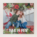 Weihnachts-Botanisches Foto vom Typ "Merina" Puzzle<br><div class="desc">Das wunderschöne Weihnachtsfest-Puzzle besticht durch eine bunte botanische Grenze mit Merry in weißer Typografie und Ihrem bevorzugten Foto.</div>