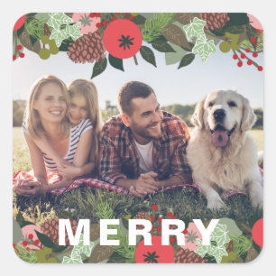 Weihnachts-Botanisches Foto vom Typ Merlday Quadratischer Aufkleber