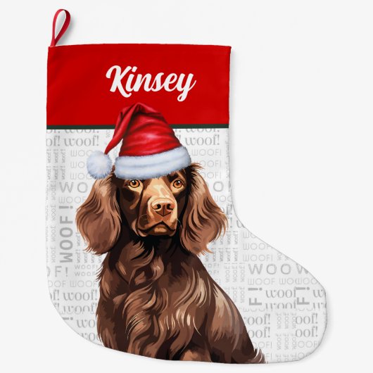 Weihnachts Boykin Spanisch mit dem Namen Woof Back Großer Weihnachtsstrumpf (Vorderseite)