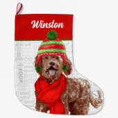 Weihnachts-Braun-Labradoodle mit Hundenname Großer Weihnachtsstrumpf (Vorderseite)