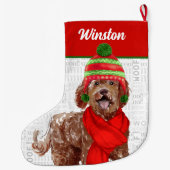 Weihnachts-Braun-Labradoodle mit Hundenname Großer Weihnachtsstrumpf (Rückseite)