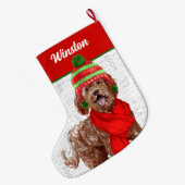 Weihnachts-Braun-Labradoodle mit Hundenname Großer Weihnachtsstrumpf (Rückseite (Hängend))