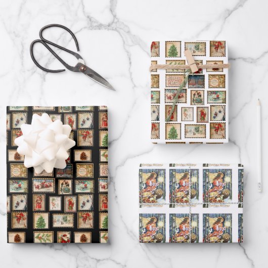 Weihnachts-Briefmarke Collage Wrapping Paper Geschenkpapier Set (Vorderseite)