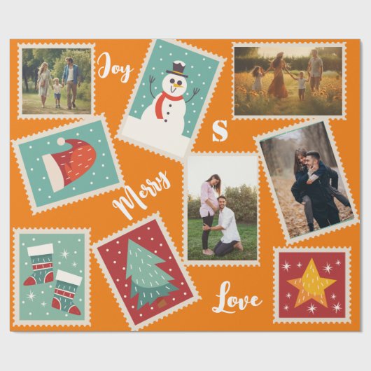 Weihnachts-Briefmarke Personalisiert Orange Geschenkpapier (Flach)