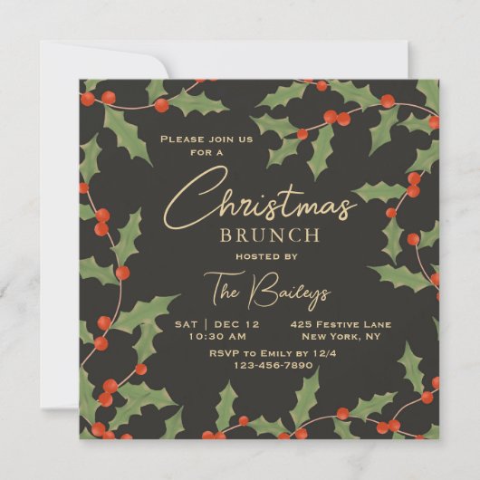 Weihnachts-Brunch Elegant Modernes Holly Floral Einladung (Vorderseite)