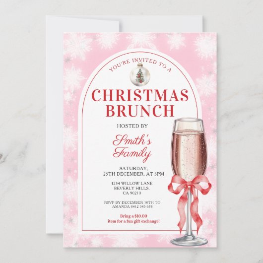 Weihnachts-Brunch-Party-Roter-Bogen-Wein-Rosa-Ging Einladung (Vorderseite)