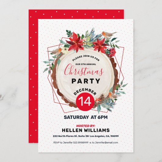 Weihnachts-Bulfinch & Weihnachtswald Blumenreath Einladung (Vorne/Hinten)