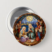 Weihnachts-Buntglas-Darstellung der Geburt Jesu Button (Vorne & Hinten)