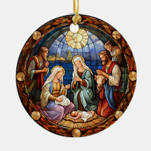 Weihnachts-Buntglas-Darstellung der Geburt Jesu Keramik Ornament