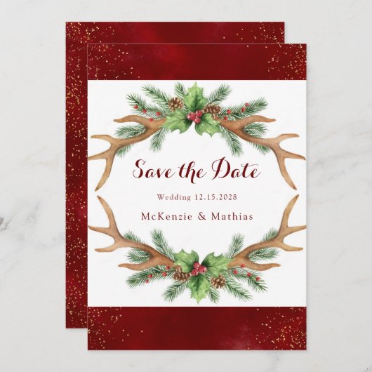 Weihnachts Burgund Gold Hochzeit Speichern Sie die Einladung (Vorne/Hinten)