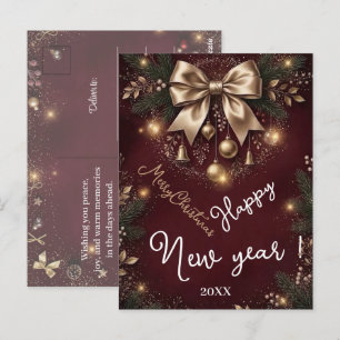 Weihnachts-Burgunder-Rot-Gold-Schleife Vintage-Gru Postkarte