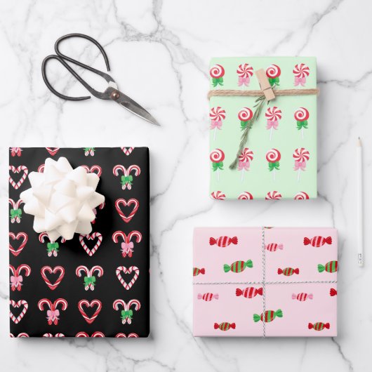 Weihnachts Candy Cane Süßigkeiten Muster Geschenkpapier Set (Vorderseite)