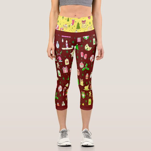 Weihnachts Candy Pattern Red Background Capri Leggings (Vorderseite)