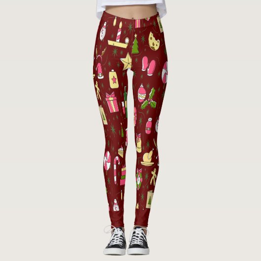 Weihnachts Candy Pattern Red Background Leggings (Vorderseite)