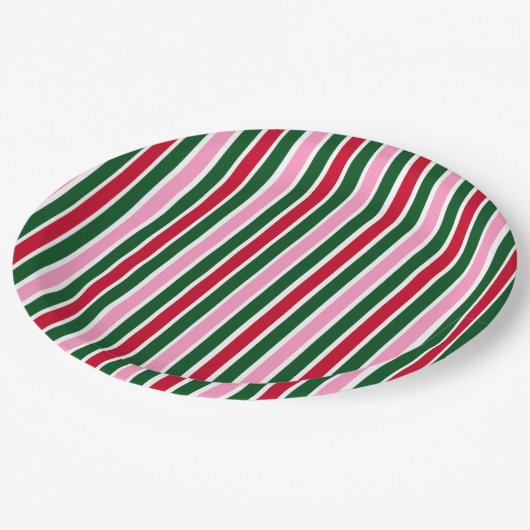 Weihnachts-Candy-Streifen in Rosa Grün und Rot Pappteller (Schrägansicht)
