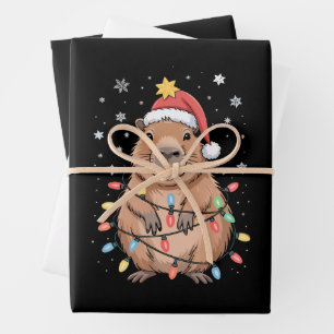 Weihnachts-Capybara mit Santa-Hut Xmas-Lichter Bau Geschenkpapier Set