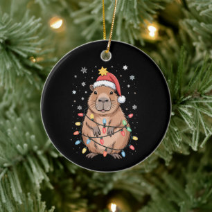 Weihnachts-Capybara mit Santa-Hut Xmas-Lichter Bau Keramik Ornament