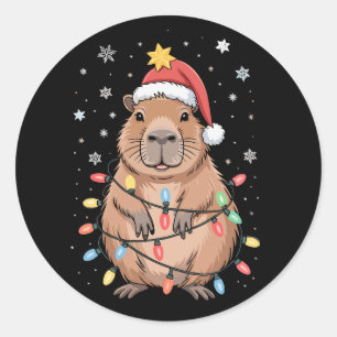 Weihnachts-Capybara mit Santa-Hut Xmas-Lichter Bau Runder Aufkleber