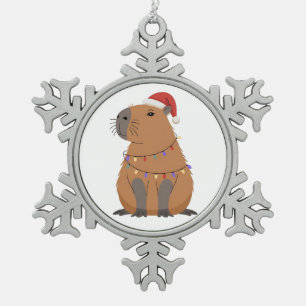 Weihnachts-Capybara mit Santa-Hut Xmas-Lichter Schneeflocken Zinn-Ornament