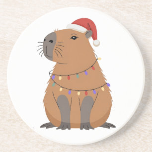 Weihnachts-Capybara mit Santa-Mütze Xmas-Lichter Getränkeuntersetzer