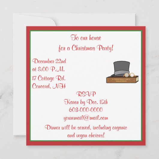 Weihnachts-Carol und englische Top-Hat und -Spekta Einladung (Rückseite)