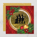 Weihnachts-Caroling Party Red Gold Viktorianisches Einladung<br><div class="desc">Vintage Viktorianische Weihnachtsschwärme Party Einladungen in klassischen Rot-, Grün- und Goldfarben - Silhouette altmodischer Karolerinnen, die mit einem Hund im Schnee mit einer eleganten, Imitat-Goldfolie im Hintergrund singen. Gerahmt mit traditionellen Pinienbädern mit Poinsettias und roten und goldenen Weihnachtsbaumschmuck. Der Hintergrund ist mit roten, gepolsterten Glitzern bespannt und mit Imitaten bespannt....</div>