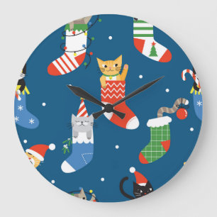 Weihnachts-Cartoon Cats Niedliches Muster Große Wanduhr