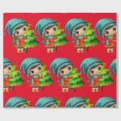 Weihnachts-Cartoon-Girl mit Baumumschlagpapier Geschenkpapier (Flach)