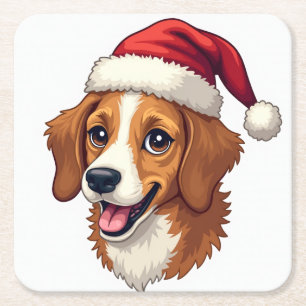 Weihnachts-Cartoon-Hund mit Santa-Hut Rechteckiger Pappuntersetzer