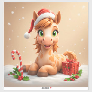 Weihnachts-Cartoon-Pferd mit Santa-Hut Aufkleber