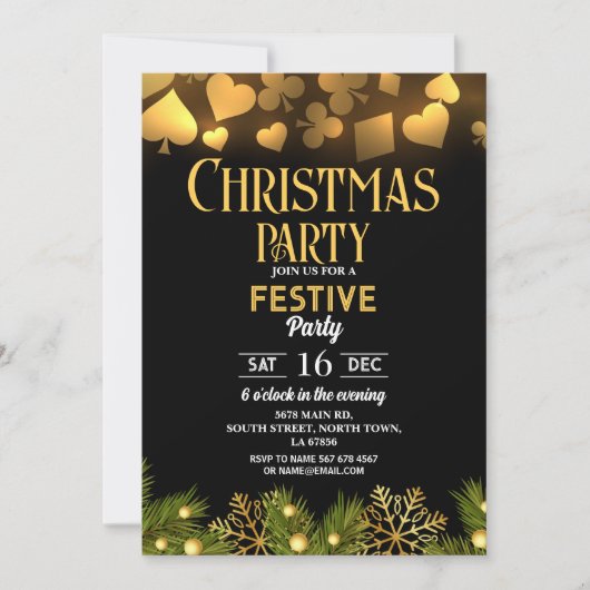 Weihnachts-Casino Spielkarten Gold Einladung (Vorderseite)