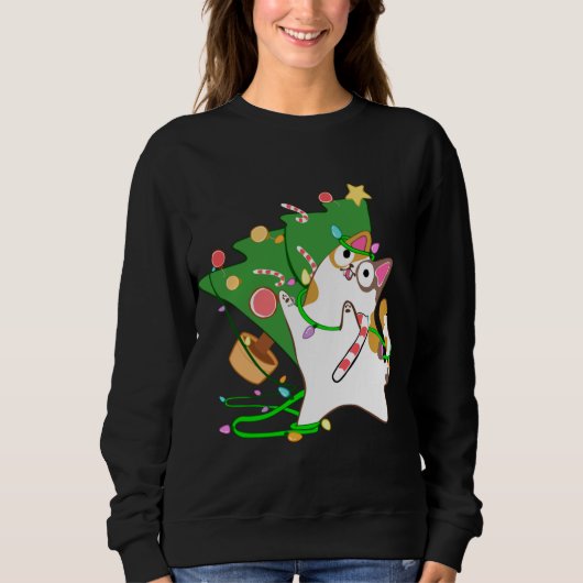 Weihnachts Cat Calico klopfen über xmas Baum kitty Sweatshirt (Vorderseite)