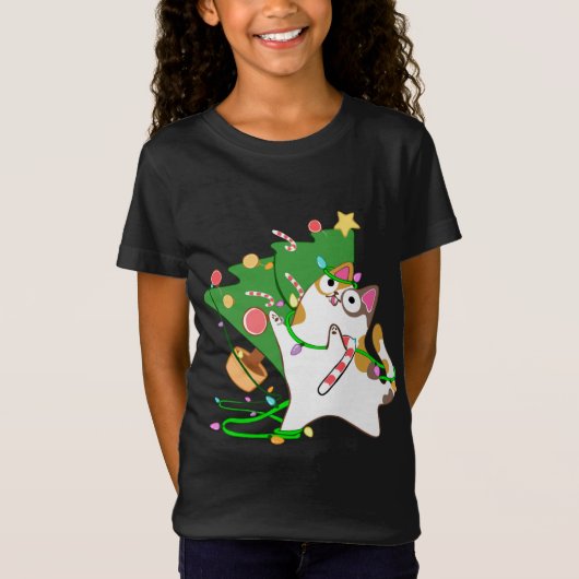 Weihnachts Cat Calico klopfen über xmas Baum kitty T-Shirt (Vorderseite)