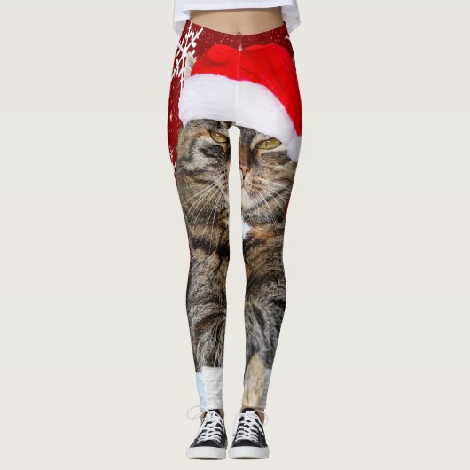 Weihnachts-Cat-Foto in Weihnachtsmannmütze Schneef Leggings (Vorderseite)