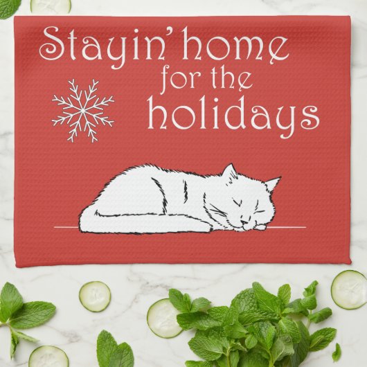 Weihnachts Cat Stayin' Zuhause für das Holidays Di Geschirrtuch (Gefaltet)