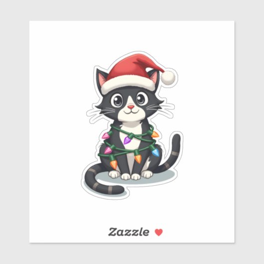 Weihnachts Cat Tuxedo Black Cat Weihnachtslichter Aufkleber (Blatt)