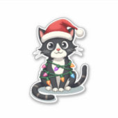 Weihnachts Cat Tuxedo Black Cat Weihnachtslichter Aufkleber (Vorderseite)