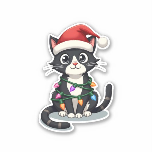 Weihnachts Cat Tuxedo Black Cat Weihnachtslichter Aufkleber (Vorderseite)