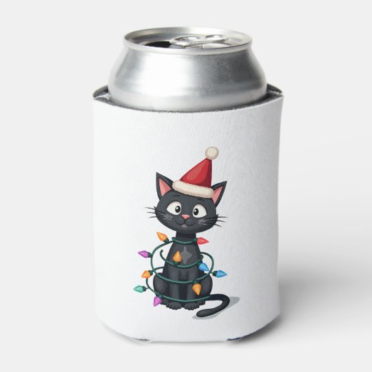 Weihnachts Cat Tuxedo Black Cat Weihnachtslichter Dosenkühler (Kanne Vorderseite)