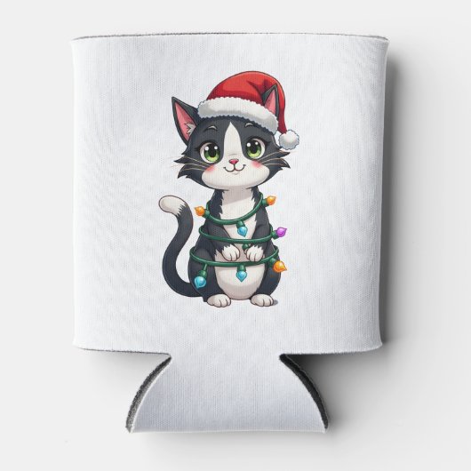 Weihnachts Cat Tuxedo Black Cat Weihnachtslichter Dosenkühler (Vorderseite)