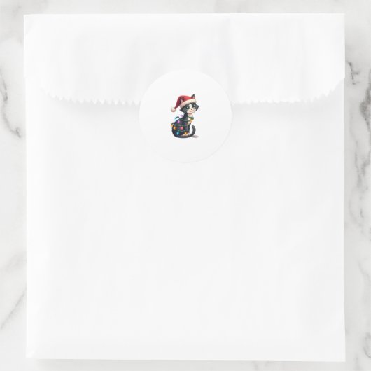 Weihnachts Cat Tuxedo Black Cat Weihnachtslichter Runder Aufkleber (Tasche)