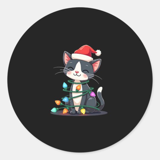 Weihnachts Cat Tuxedo Black Cat Weihnachtslichter Runder Aufkleber (Vorderseite)