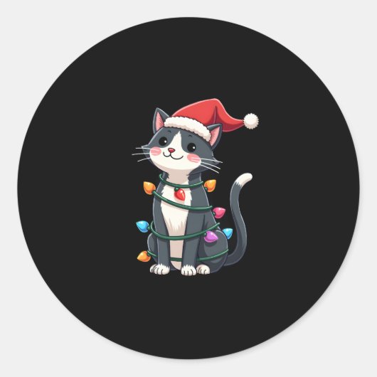 Weihnachts Cat Tuxedo Black Cat Weihnachtslichter  Runder Aufkleber (Vorderseite)