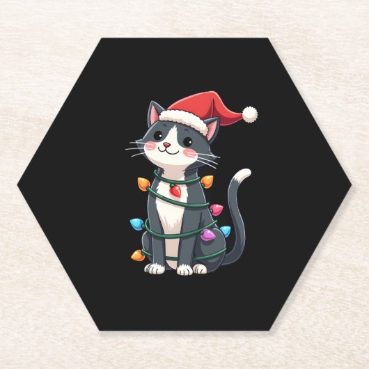 Weihnachts Cat Tuxedo Black Cat Weihnachtslichter  Untersetzer (Vorderseite)