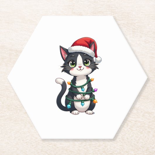 Weihnachts Cat Tuxedo Black Cat Weihnachtslichter  Untersetzer (Vorderseite)