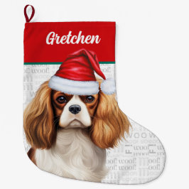Weihnachts-Cavalier Hund mit Name Woof Hintergrund Großer Weihnachtsstrumpf
