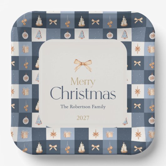Weihnachts-Checked Pattern Urlaub Pappteller (Vorderseite)