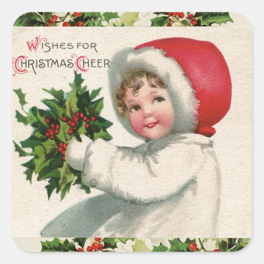 Weihnachts-Chef Vintag Holly Girl Holiday Quadratischer Aufkleber (Vorderseite)
